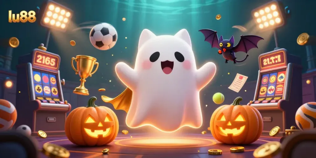 Experience the thrill of winning with lu88's vibrant casino scene featuring a playful ghost cat.