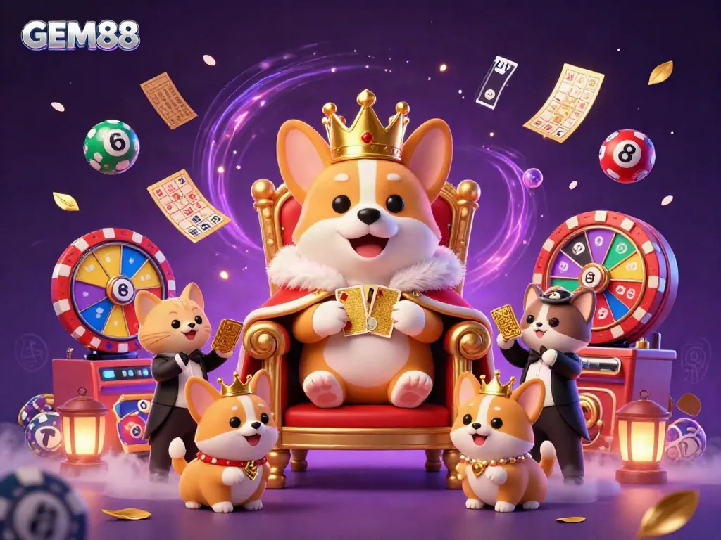 Engage in thrilling moments at GEM88 with a royal corgi and casino-themed elements in a vibrant illustration.