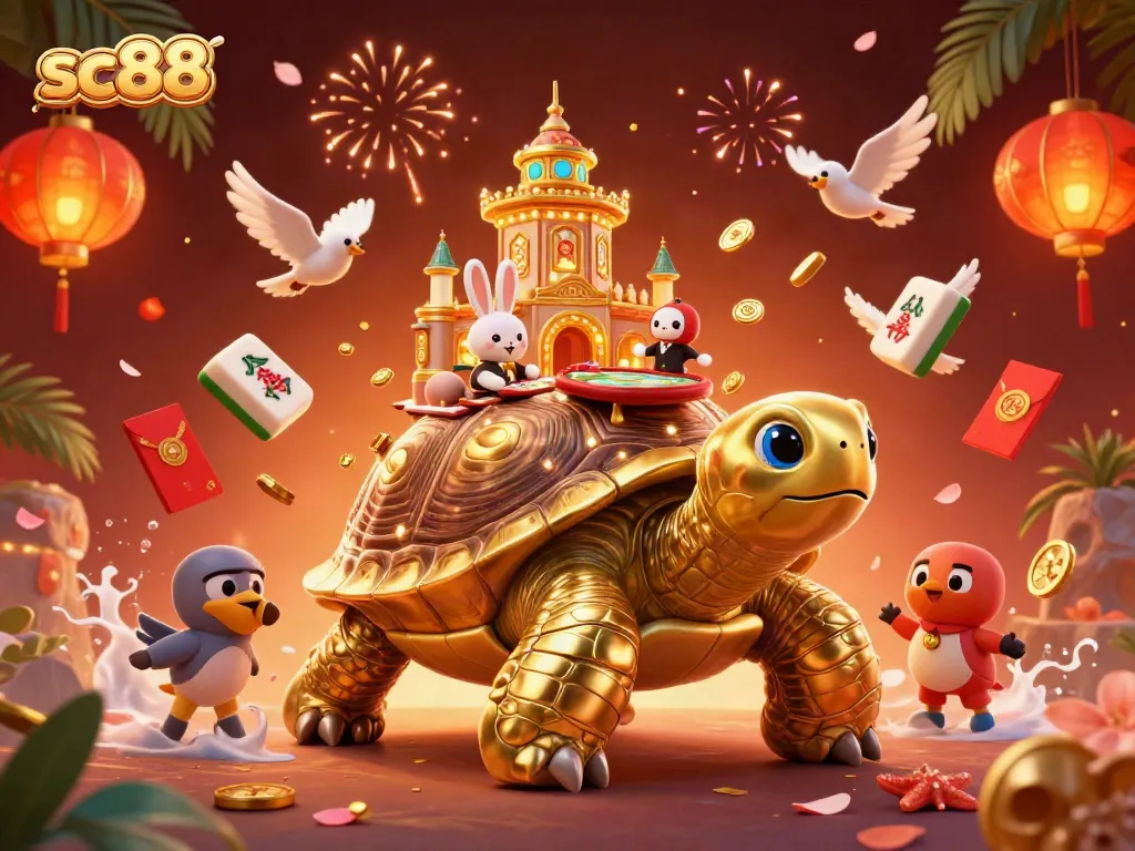 Experience high-stakes action at sc88 with a vibrant casino scene featuring a golden tortoise, rabbit dealer, and flying coins.