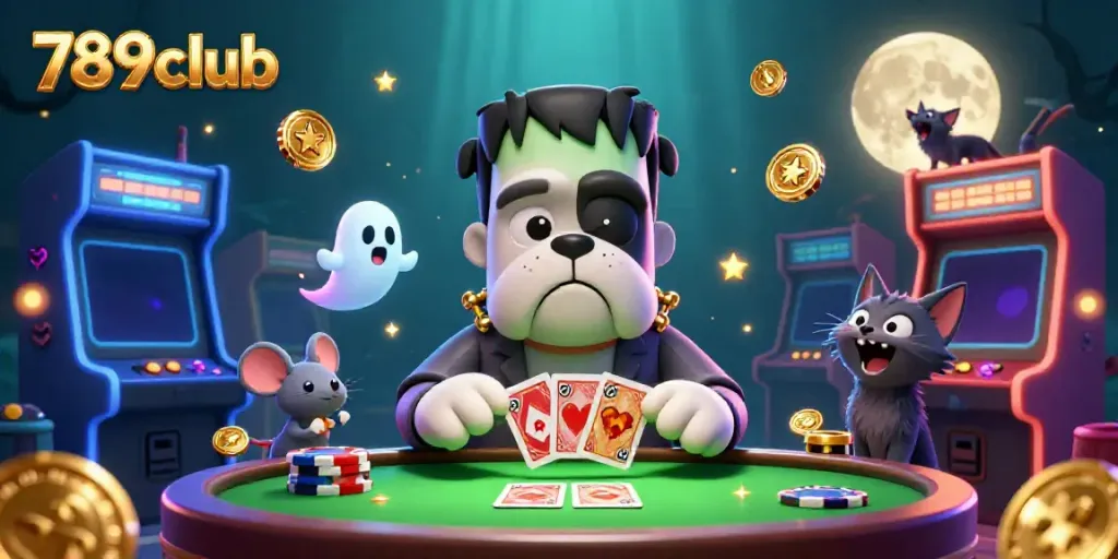 Engage in winning strategies at 789club with this vibrant and colorful casino scene featuring a 3D cartoon bulldog dealer.