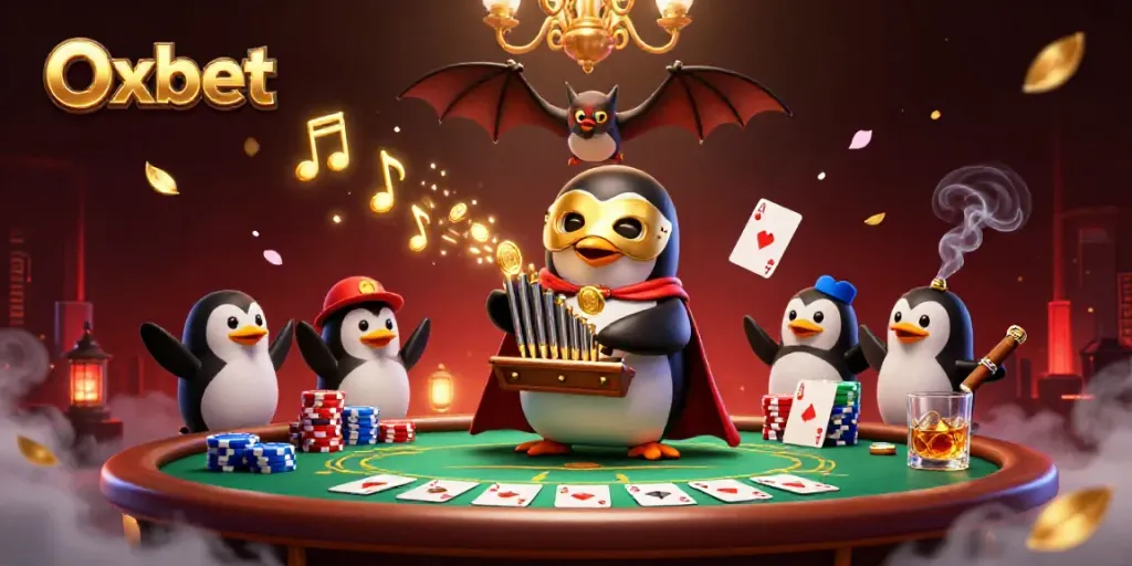 Experience immersive gaming with Oxbet's vibrant casino scene featuring a whimsical penguin and lively elements.