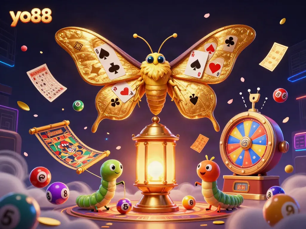 Experience thrilling gameplay at yo88 with vibrant lottery elements and a majestic golden moth illustration.