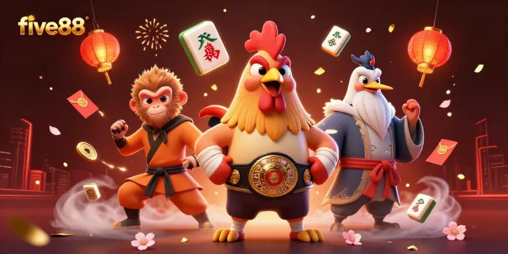 Experience the excitement of five88 with a vibrant 3D cartoon scene featuring dynamic casino elements.