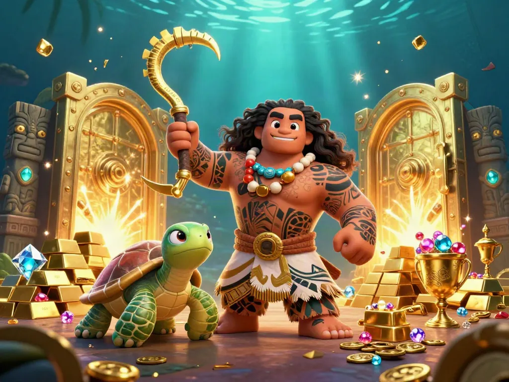 Experience Fabet's rich casino gameplay with vibrant demigod and turtle characters surrounded by treasures.