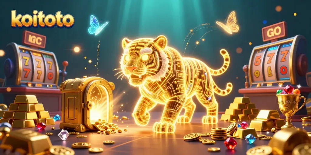Genggam kemenangan di koitoto dengan karakter dan elemen permainan slot di latar digital.