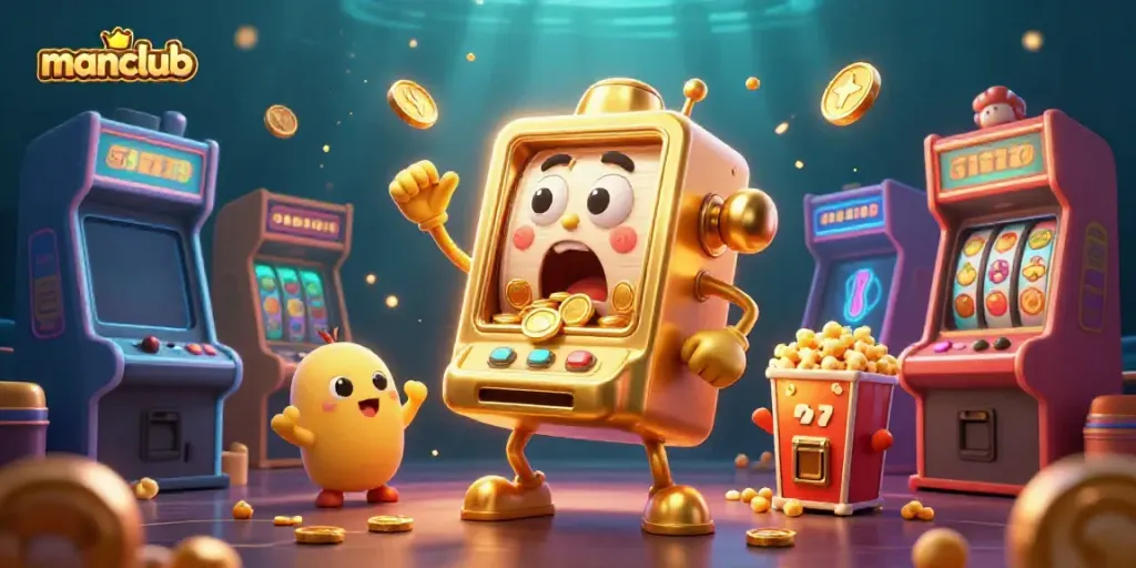 manclub slot machine hitting the jackpot, surrounded by arcade games and sparkling gold coins.