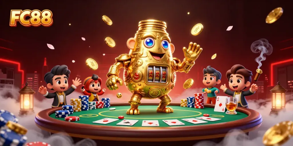 FC88 engages players with dynamic poker action, featuring colorful chips and animated characters.