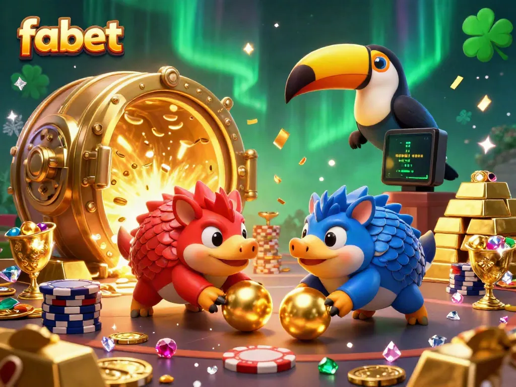 Dynamic scene of rival pangolins in a casino setting showcasing fabet brand excitement with bright golden elements.