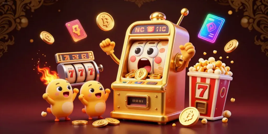 RAJA86 launches a jackpot celebration with golden coins pouring from a cheerful slot machine amidst vibrant casino elements.