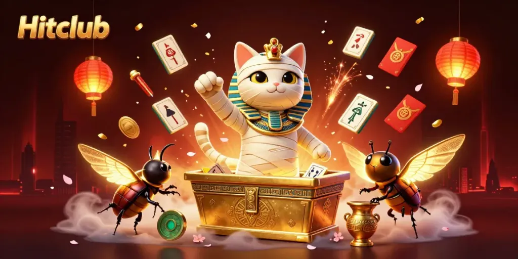Experience the thrill of Hitclub with a vibrant 3D casino scene featuring an Egyptian mummy cat and floating symbols.