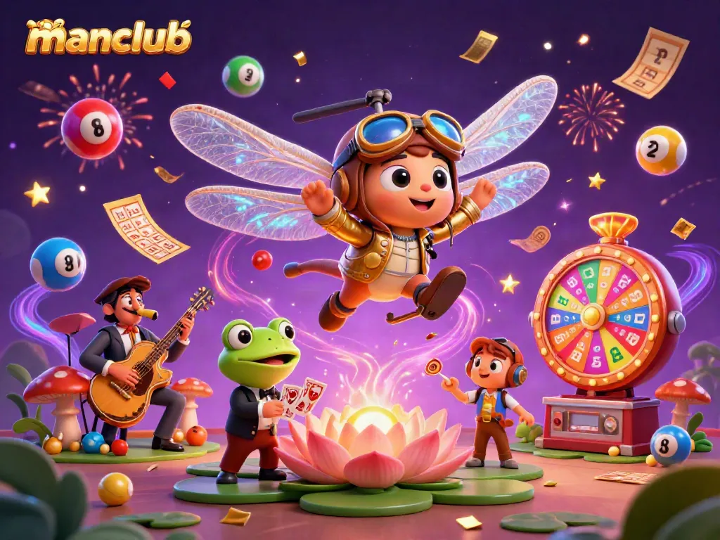 Experience thrilling gaming action at Manclub with vibrant lottery elements in a lively casino scene.