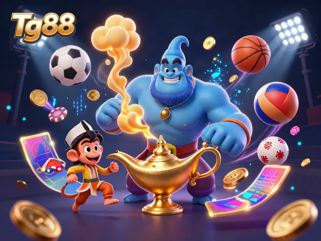 Tg88 showcases a dynamic casino theme with a blue genie, monkey, and sports elements in vibrant action.