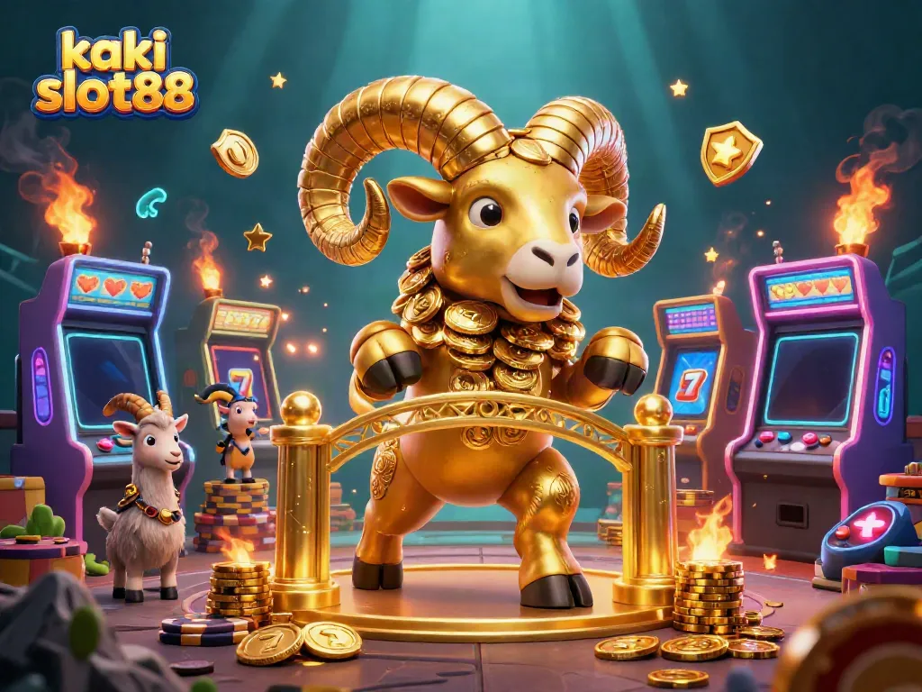 Bermain slot di kaki slot88 dengan simbol jackpot dan ram emas bertumpuk koin.