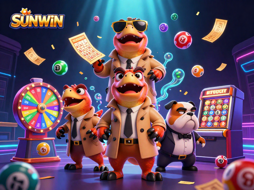 SUNWIN features three raptors in disguise at a VIP lounge filled with colorful lottery elements and excitement.