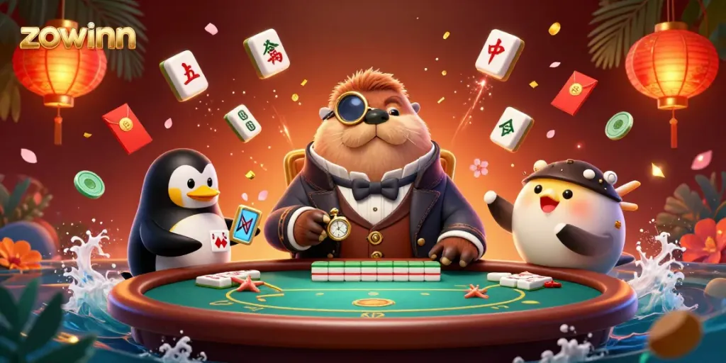 Enjoy a thrilling game at Zowinn, showcased by a walrus, penguin dealer, and a bluffing pufferfish.