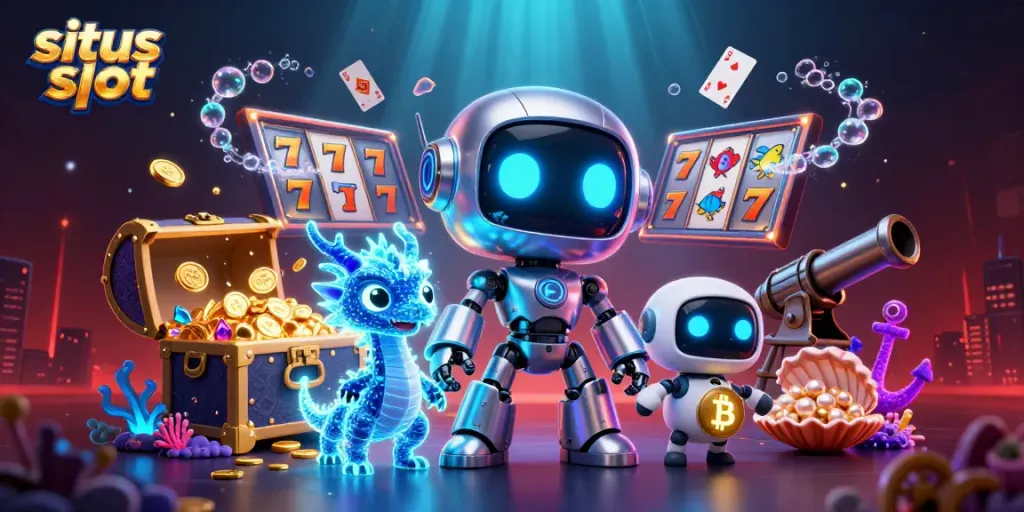 Experience situs slot in a vibrant 3D scene with cyberpunk characters and slot reels bursting with rewards.