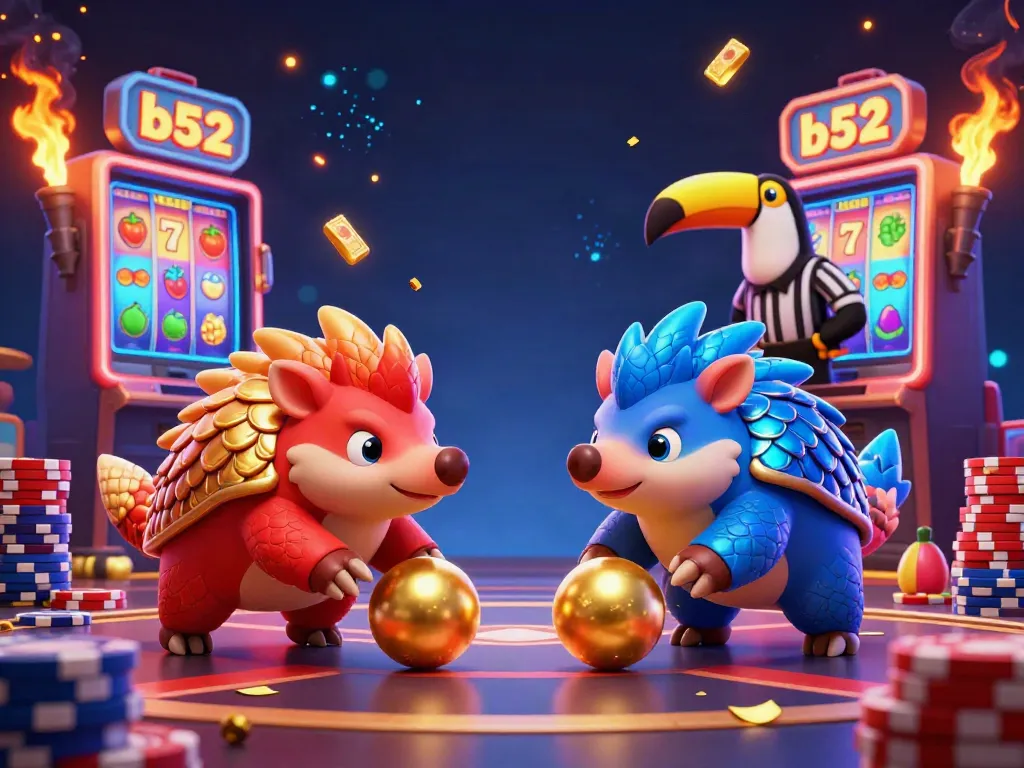 Two rival pangolins compete in a vibrant casino scene, showcasing gaming excitement with b52 branding.