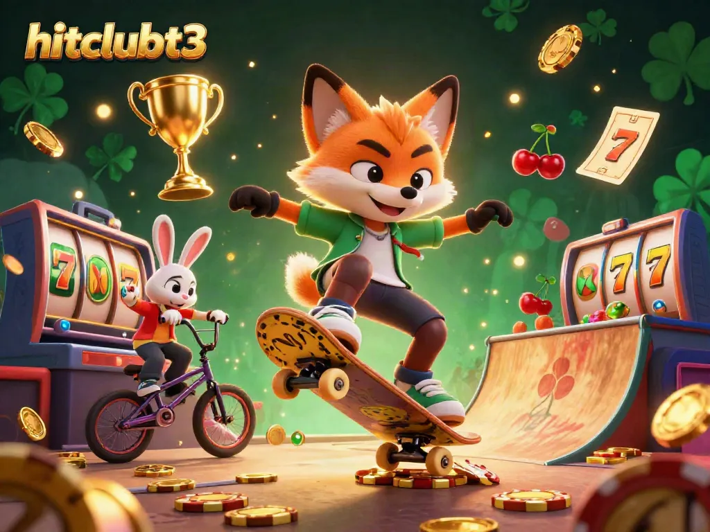 Experience hitclubt3 with a dynamic scene of a fox and rabbit performing tricks over casino-themed elements.
