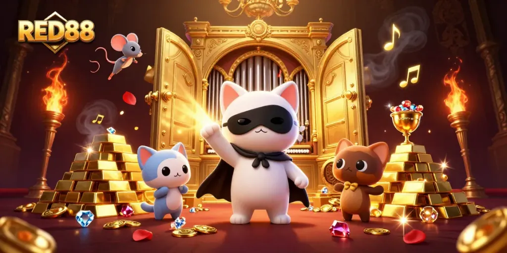 Experience the excitement of RED88 with a thrilling casino-themed illustration featuring a unique white cat and golden treasures.