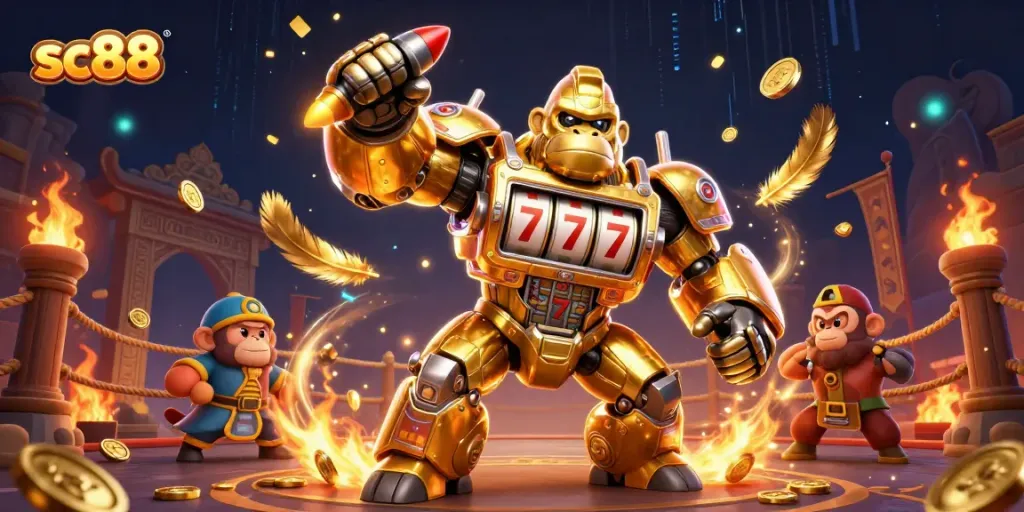 Engage in thrilling action at sc88 with a spectacular golden gorilla mech and vibrant casino elements.