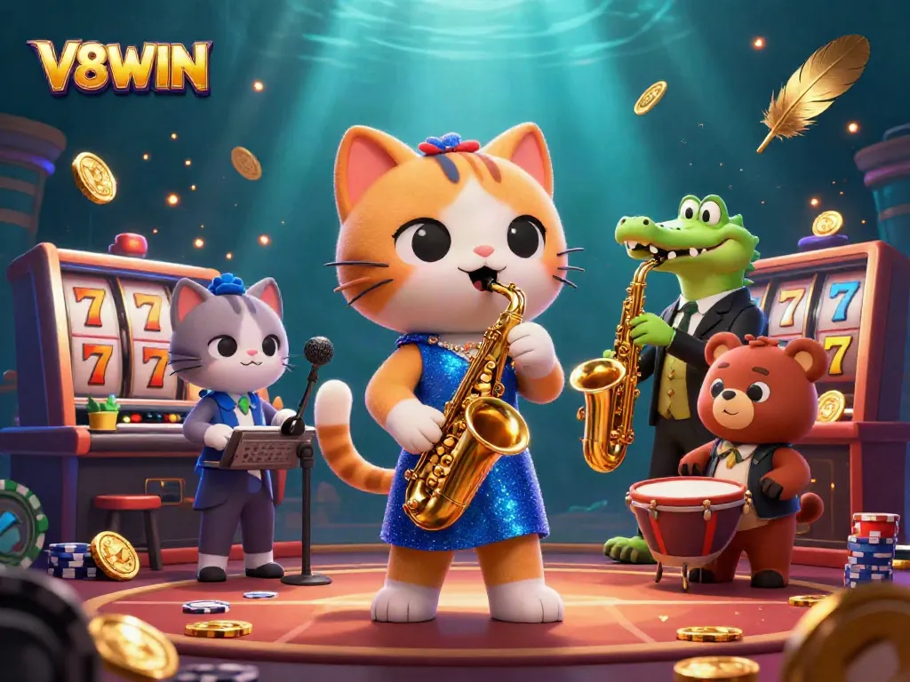 Experience the vibrancy of V8WIN with this animated casino scene featuring lively characters and rich gaming elements.