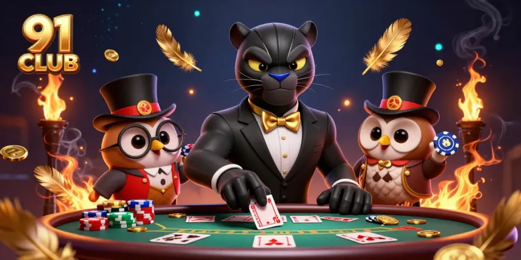 Engage in thrilling poker matches with 91 CLUB featuring stylish characters in a vibrant 3D illustration.