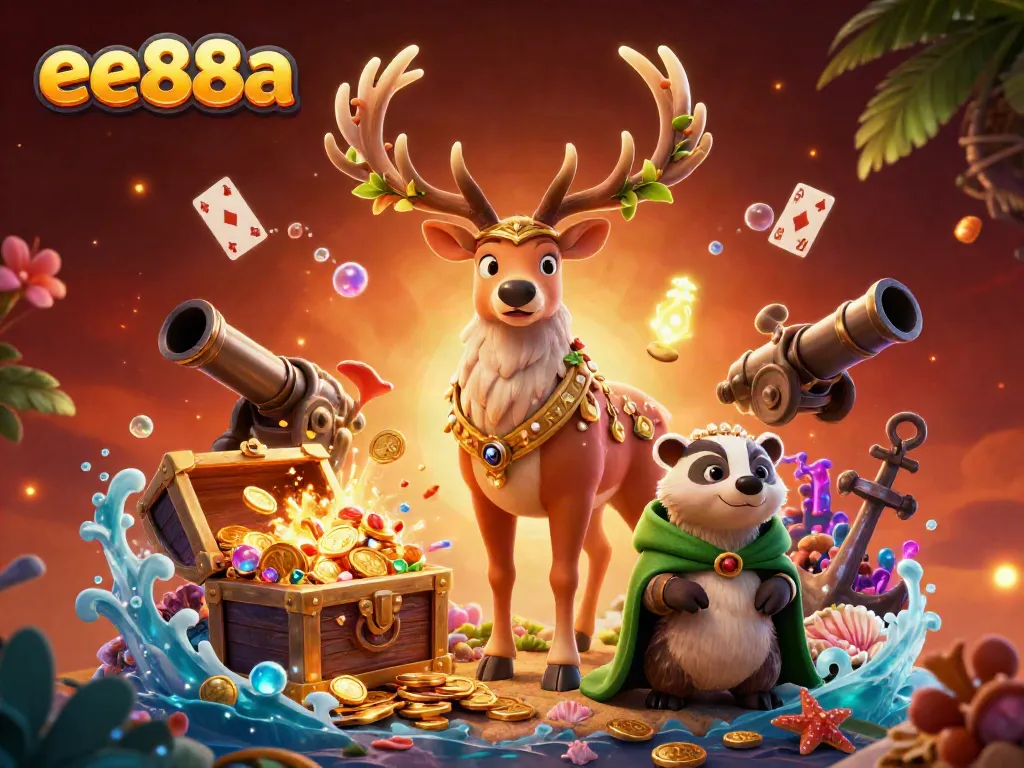 Engage with the world of ee88a, where a druid stag and a wise badger navigate a treasure-filled underwater casino adventure.