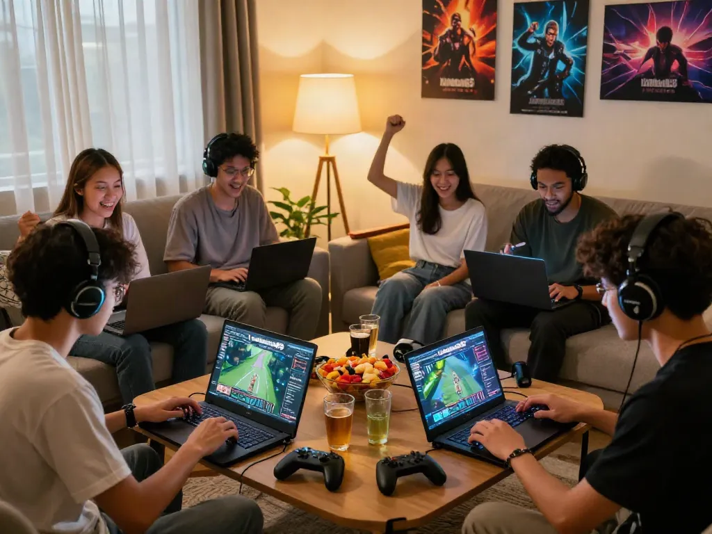 Lumbung88 gaming night with friends in cozy living room, lively atmosphere and colorful snacks.