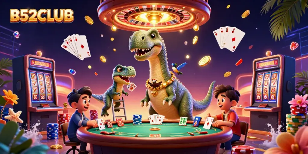 Experience the thrill of B52CLUB with a vibrant, interactive casino scene featuring unique characters.