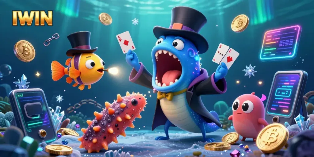 Experience IWIN with 3D characters performing magic tricks while surrounded by crypto elements in a vibrant underwater scene.