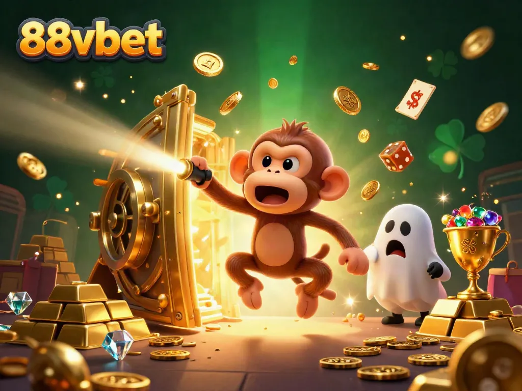 Experience the excitement of 88vbet in a dynamic casino scene featuring a playful ghost-hunter puppy and a mischievous monkey.