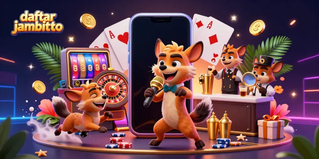 Experience the vibrant atmosphere of daftar jambitoto in a 3D animated comedy casino scene with humorous hyenas.