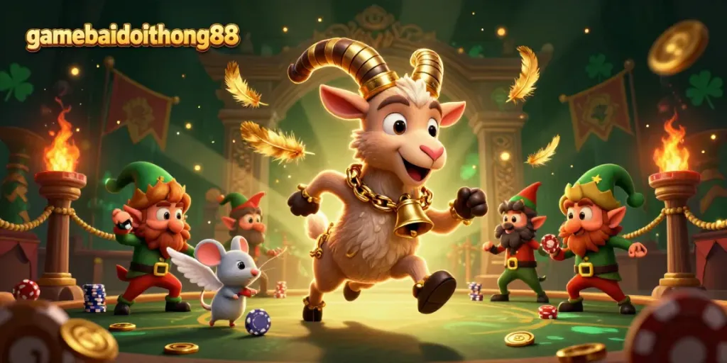 Engage in thrilling gaming action at gamebaidoithuong88, featuring a festive casino scene with characters and dynamic elements.
