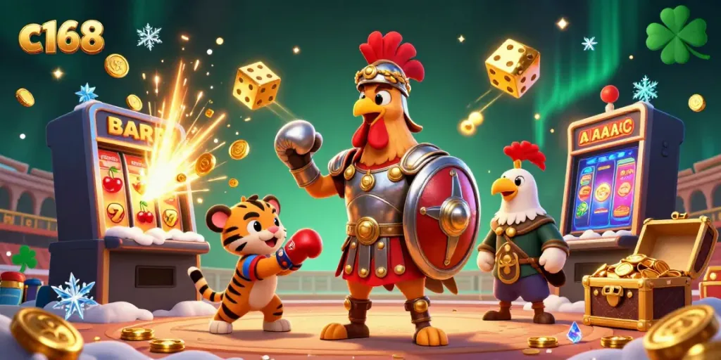 Engage in thrilling gaming with c168, an action-packed illustration featuring a gladiator rooster and casino elements.