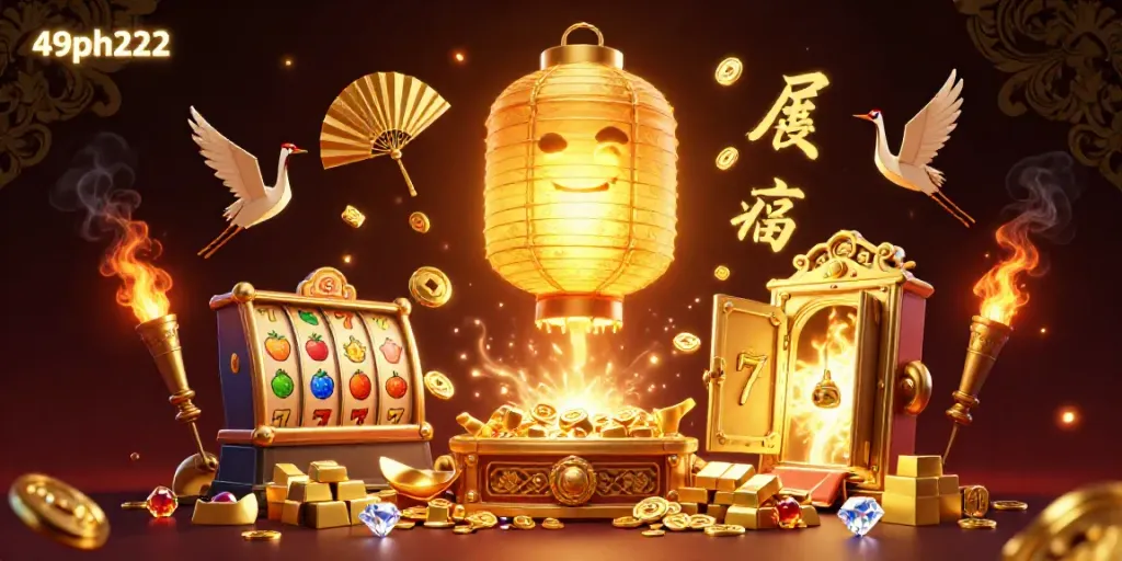 Experience winning at 49ph222 with vibrant casino elements, golden treasures, and thrilling slot action.