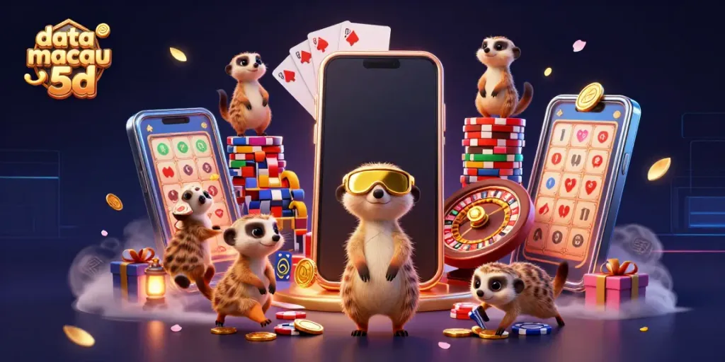 Hasil keluaran data macau 5d ditampilkan oleh kolon meerkat 3D dalam suasana kasino yang dinamis.
