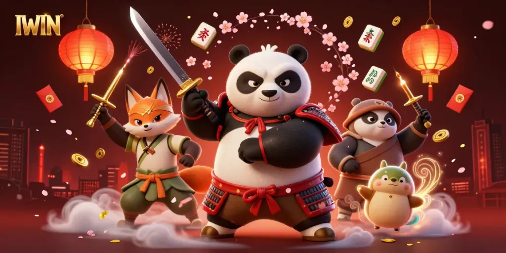 Experience the excitement of IWIN with a dynamic scene featuring a samurai panda and ninja fox, enhanced with vibrant casino elements.