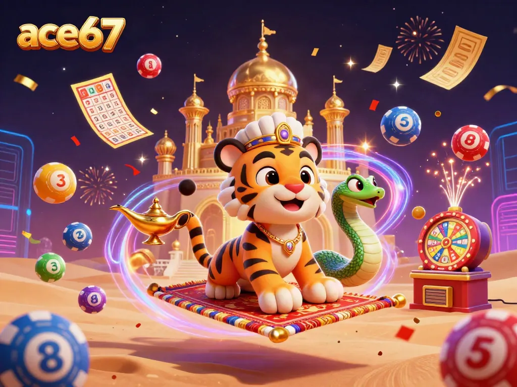 Experience the excitement of ace67 with vibrant casino elements, a genie snake companion, and a tiger sultan in a magical scene.