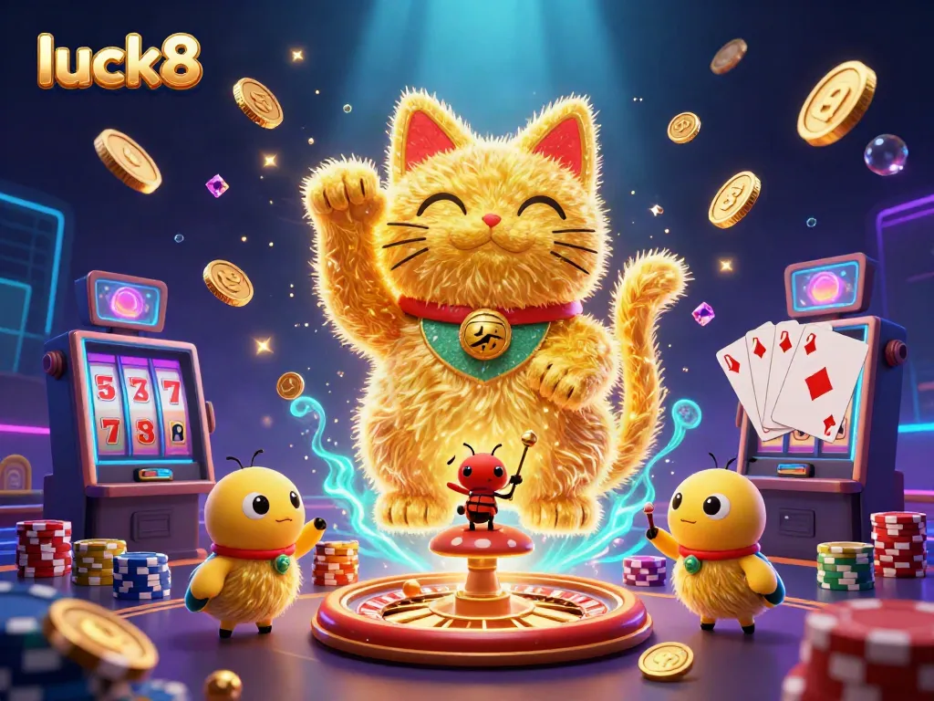 Experience the dynamic luck8 casino atmosphere with vibrant symbols and gold coins in a lively scene.