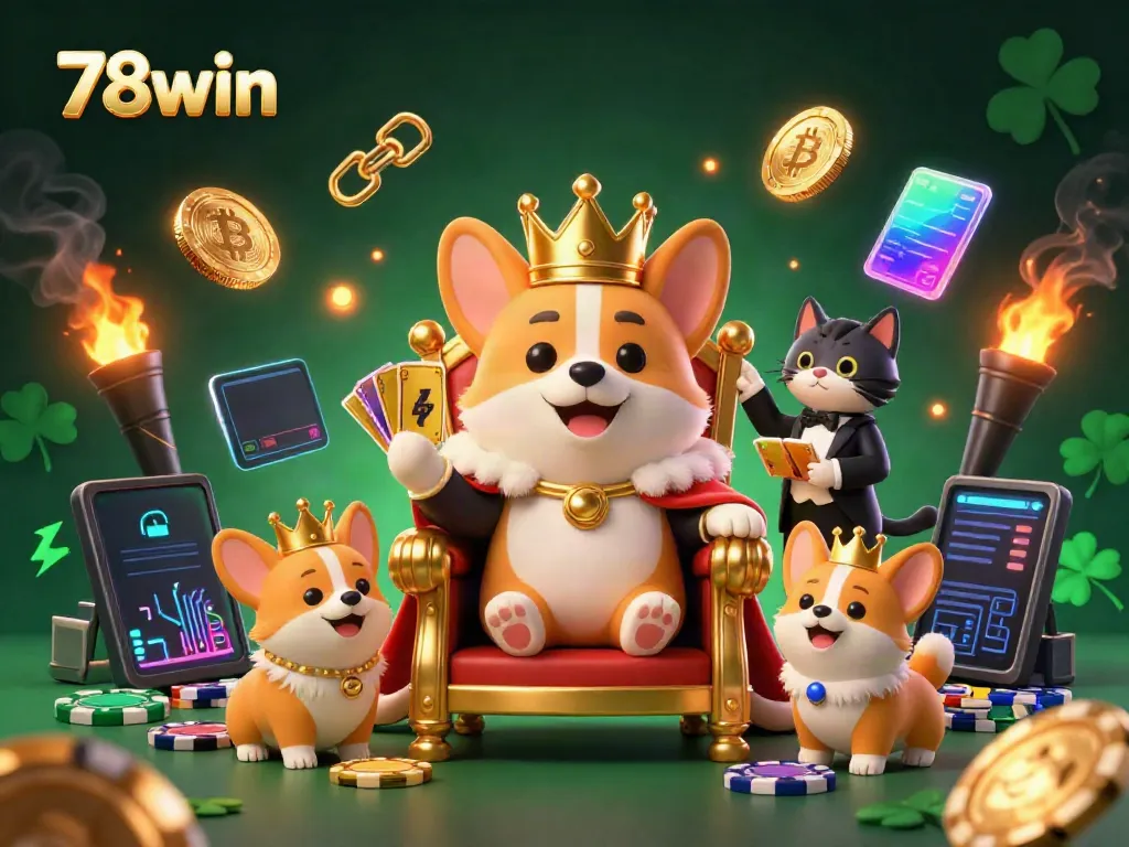 Experience the thrill of gambling with 78win featuring a royal corgi in a casino setting among poker chips and glowing crypto coins.