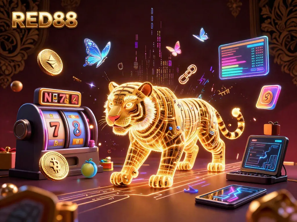 Experience thrilling gameplay with RED88 in a vivid 3D casino scene featuring neon elements.