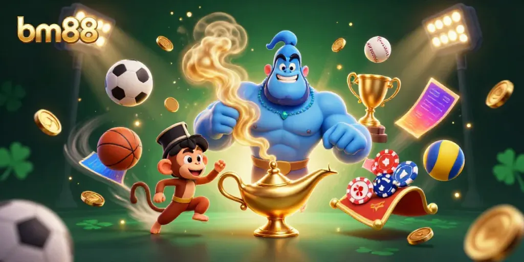 Experience the magic of bm88 with a vibrant casino scene featuring energetic characters and dynamic game elements.