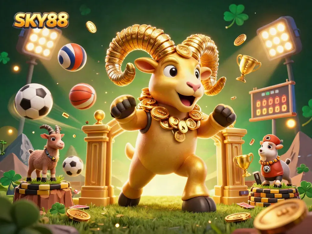 Experience the thrill at SKY88 with a dynamic scene of golden ram amidst a vibrant casino atmosphere.