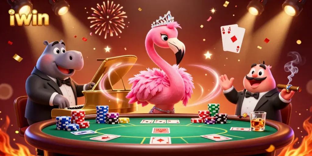 Experience thrilling casino moments with iwin's vibrant lounge scene featuring flamingo and hippo musicians.