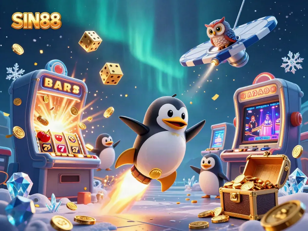 SIN88 offers a vibrant illustration showcasing a golden penguin soaring past a casino space station amidst a jackpot explosion.
