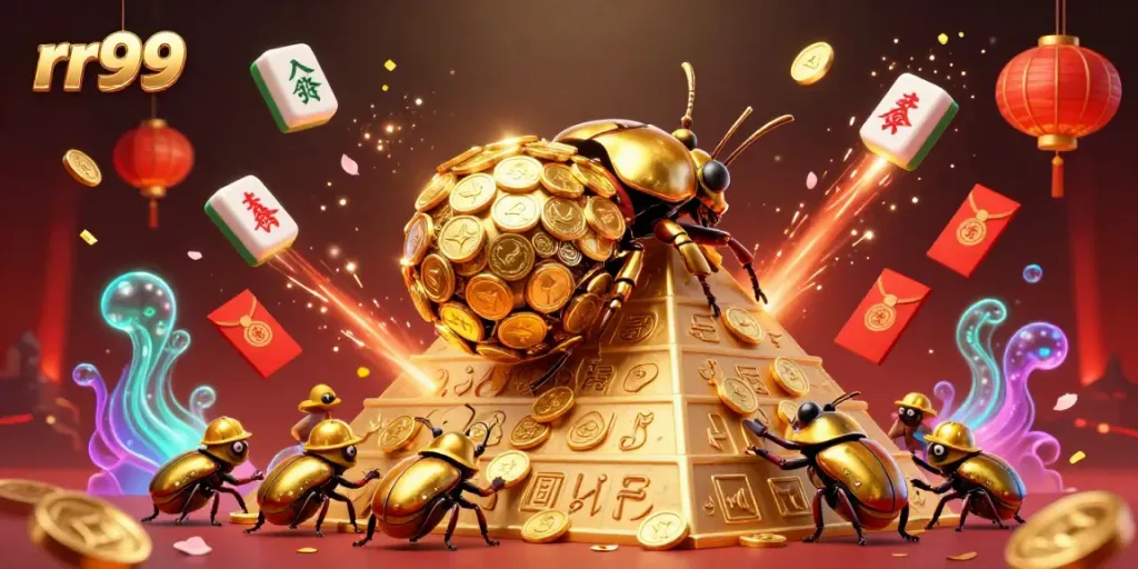 Experience the thrilling rr99 gaming adventure with a golden dung beetle and vibrant casino elements.