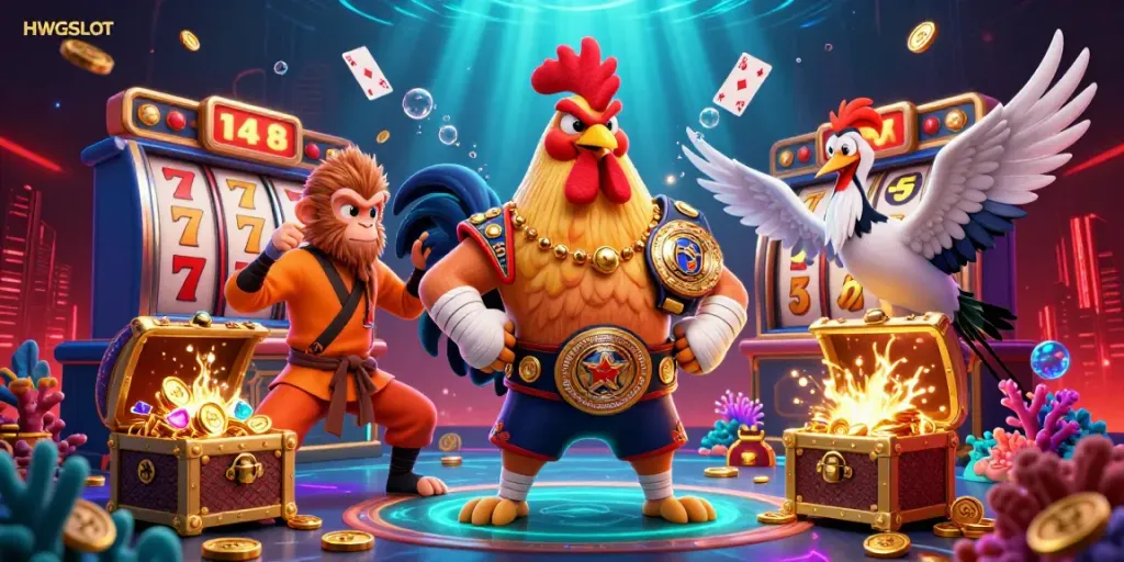 Play slot games with HWGSLOT surrounded by colorful characters and vibrant casino elements