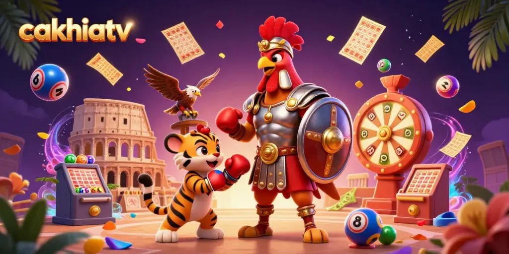 Cakhiatv offers a vibrant sports betting scene with a gladiator rooster, tiger cub, and eagle amidst rich decorative elements.