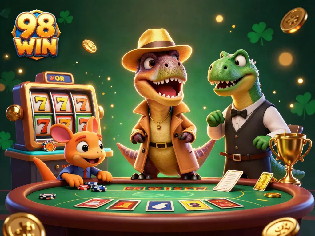 98 WIN showcases a crafty velociraptor at a blackjack table amid dynamic casino elements.