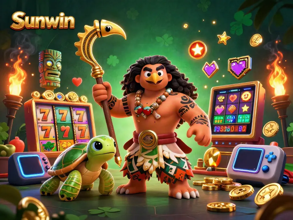 Experience the thrill of winning at Sunwin with a vibrant 3D gaming scene full of colorful slot elements.